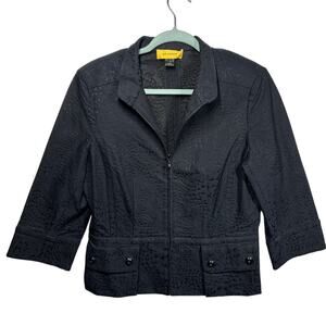 St John Embossed Textured Blazer Jacket Zip Front 1/2 Sleeve Pockets Black Sz 10